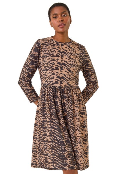 Roman Camel Animal Print Ribbed Gathered Waist Stretch Dress