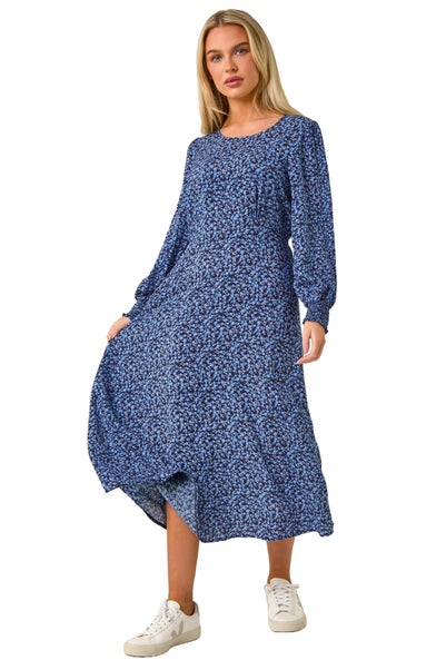 Roman Navy Petite Print Shirred Cuff Midi Dress