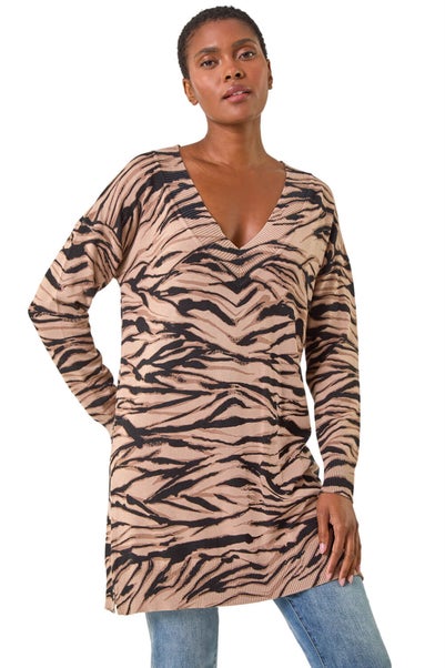 Roman Taupe Animal Print V-Neck Jumper