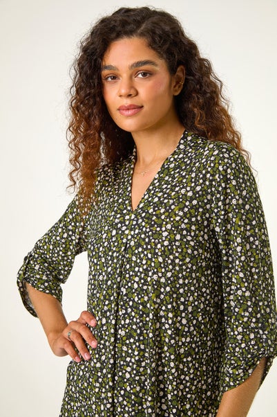 Roman Green Spot Print V-Neck Pleat Front Top