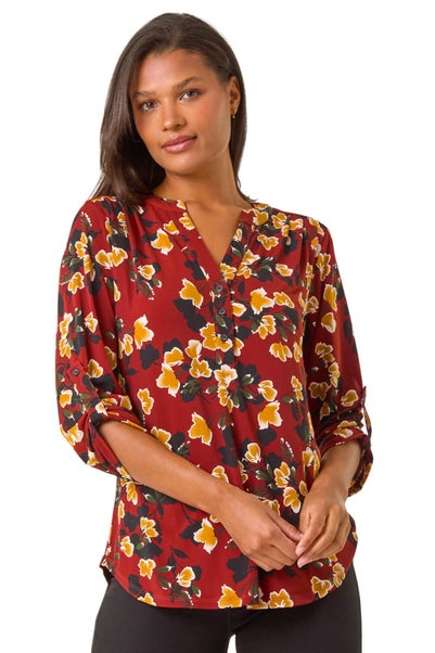 Roman Wine Button Detail Floral Print Shirt