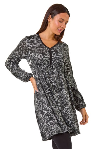 Roman Grey Leaf Print V-Neck Stretch Dress