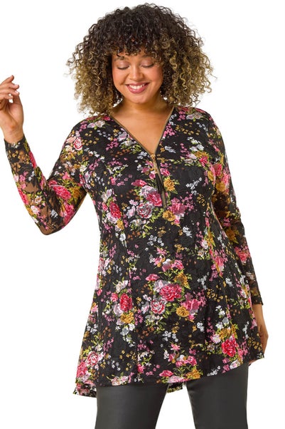 Roman Pink Curve Floral Print V-Neck Zip Front Top