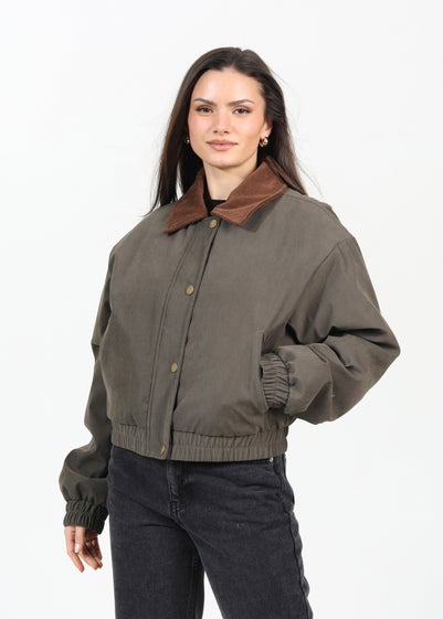 Brave Soul Khaki Twill Bomber Style Jacket with Cord Collar