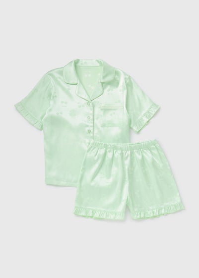 Girls Green Cherry Satin Pyjama Set (4-12yrs)