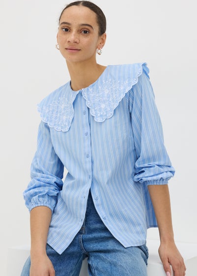 Blue Stripe Embroidered Oversized Collar Shirt