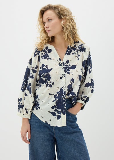 Navy Floral Broderie Anglaise 3/4 Sleeve Blouse