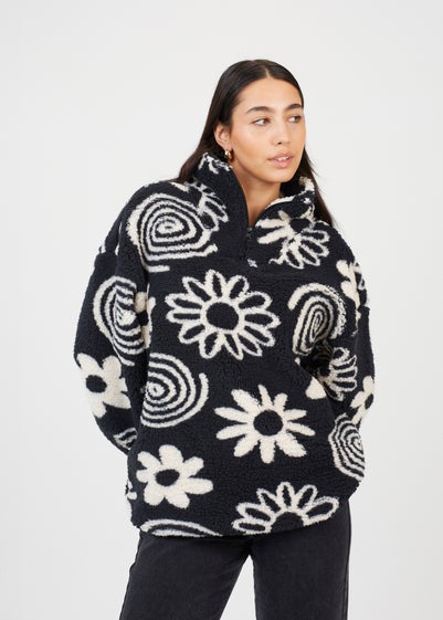 Brave Soul Black Quarter Zip Flower Print Sherpa Fleece