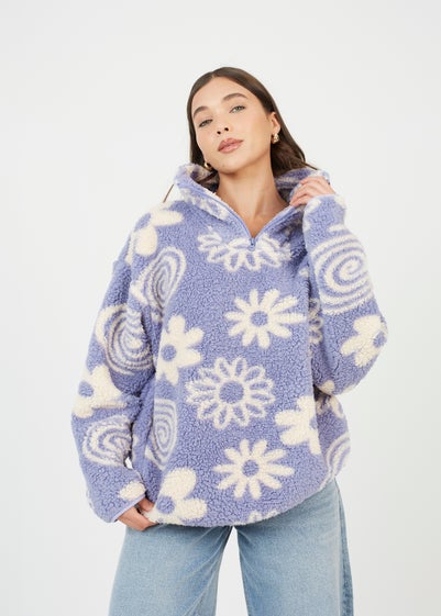 Brave Soul Purple Quarter Zip Flower Print Sherpa Fleece