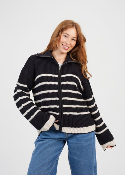 Brave Soul Black Stripe Zip Through Fisherman Knit Jumper