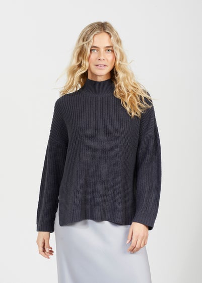 Brave Soul Charcoal Fisherman Knit Funnel Neck Jumper