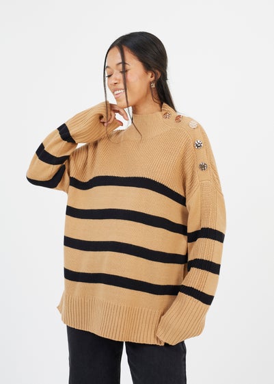 Brave Soul Camel Button Detail Striped Turtleneck Jumper