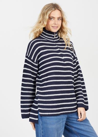 Brave Soul Navy Half Zip Striped Fisherman Knit Jumper