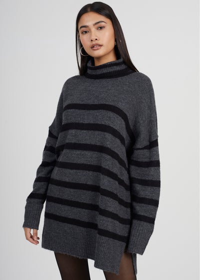 Brave Soul Charcoal Oversized Striped Roll Neck Jumper