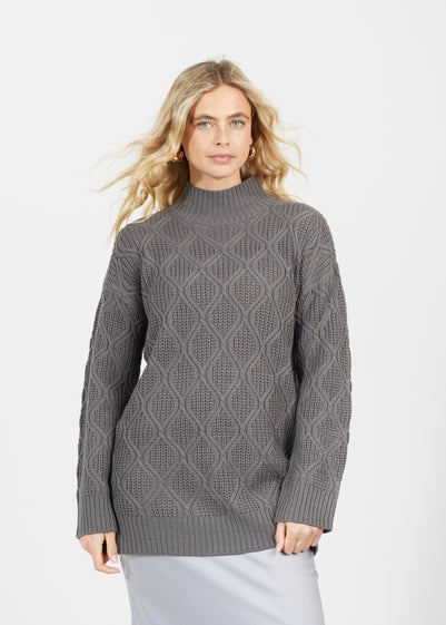 Brave Soul Charcoal High Neck Cable Knit Tunic Jumper