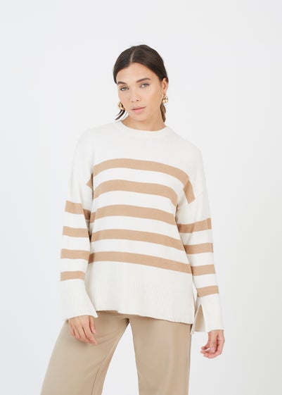 Brave Soul Ivory Striped Loose Fit Jumper with Wide Sleeves