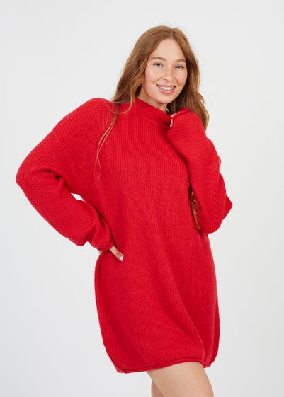 Brave Soul Red Oversized Fisherman Knit Turtleneck Jumper