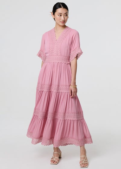 Izabel London Pink Lace Trim Angel Sleeve Maxi Dress