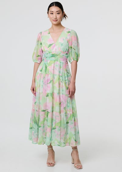 Izabel London Green Floral Puff Sleeve Tiered Maxi Gown