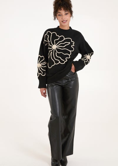 Blue Vanilla Black Large Flower Embroidery Jumper