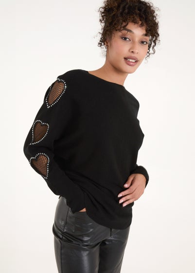 Blue Vanilla Black Heart Mesh Embellished Sleeve Jumper