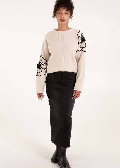 Blue Vanilla Beige Flower Sleeve Embroidery Jumper