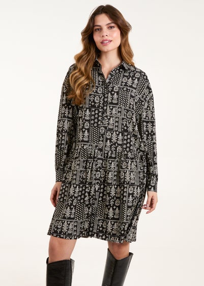 Blue Vanilla Black/White Printed Smock Shirt Dress