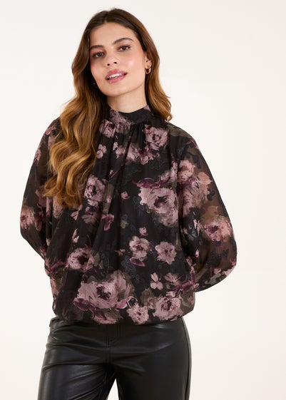 Blue Vanilla Black High Neck Bubble Hem Floral Blouse