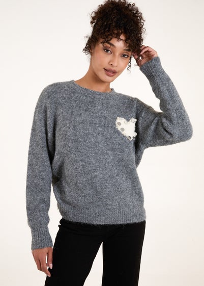 Blue Vanilla Grey Embellished Heart Knit Jumper