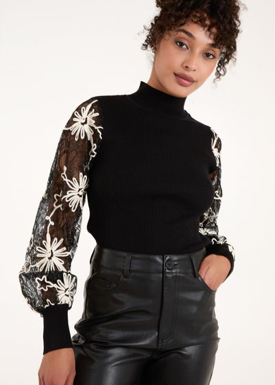 Blue Vanilla Black Lace Sleeve High Neck Jumper