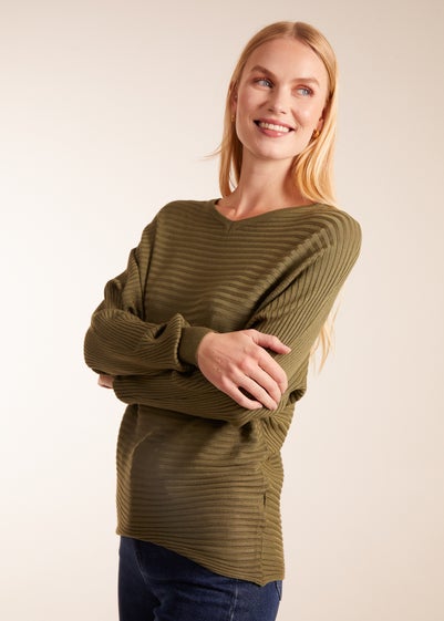 Blue Vanilla Khaki Ribbed Batwing Jumper