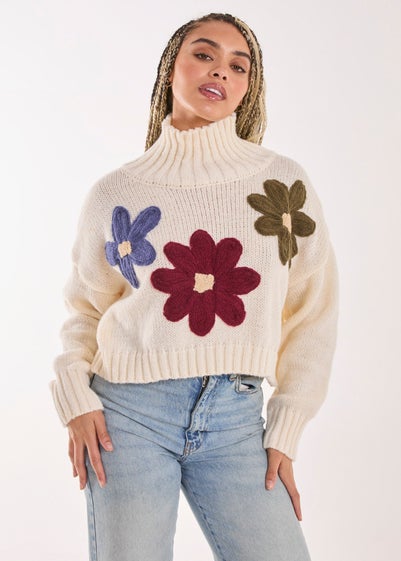 Pink Vanilla Ivory Embroiderie Flower High Neck Jumper