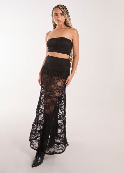 Pink Vanilla Black Lace Tiered Maxi Skirt