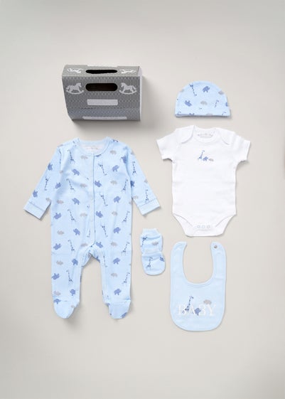 Rock a Bye Baby Light Blue Safari Print Cotton 5-Piece Baby Gift Set