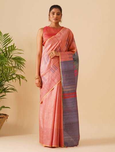 Kosala Peach Orange Tussar Hand Woven Saree