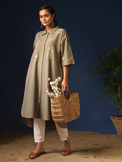 Women Olive Green Cotton Dessert Embroidery Shirt Collar Straight Fit Kurta - S-M