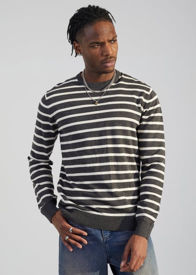 Brave Soul Charcoal Cotton Crew Neck Striped Knit Jumper