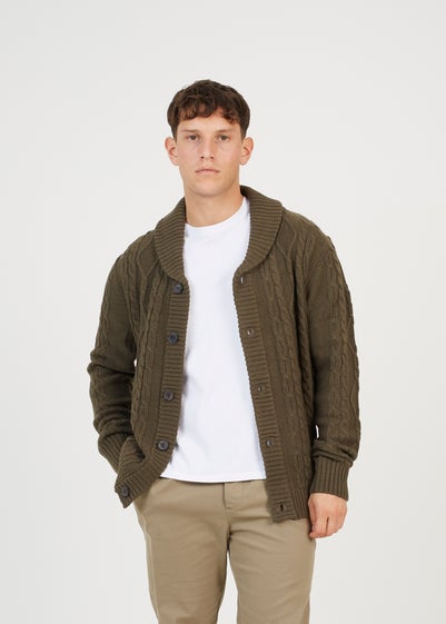 Brave Soul Khaki Shawl Neck Cable Knit Cardigan