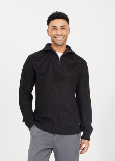 Brave Soul Black Quarter Zip Funnel Neck Knit Jumper