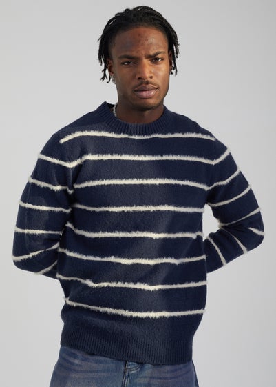 Brave Soul Navy High Crew Neck Striped Knit Jumper