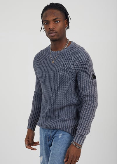 Brave Soul Blue Cotton Crew Neck Acid Wash Rib Knit Jumper