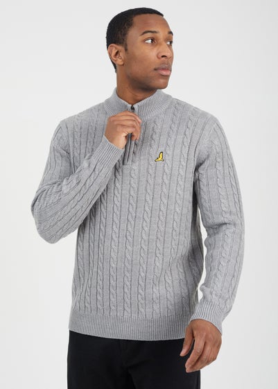 Brave Soul Grey Quarter Zip Funnel Neck Cable Knit Jumper