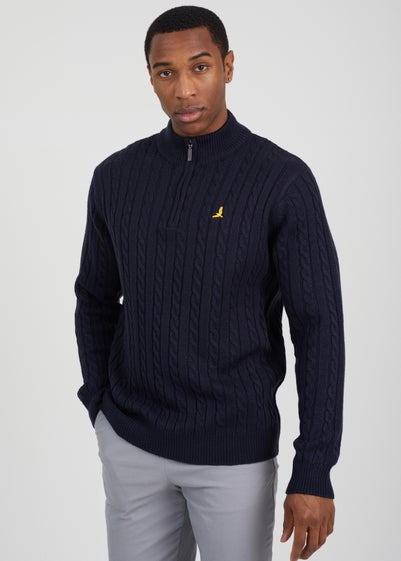 Brave Soul Navy Quarter Zip Funnel Neck Cable Knit Jumper