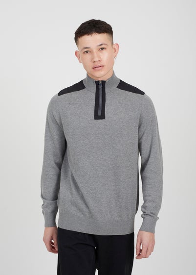 Brave Soul Grey Cotton Quarter Zip Funnel Neck Contrast Knit Jumper