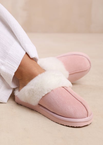 Where's That From Lounge Pink Suede Slippers With Fur Trim