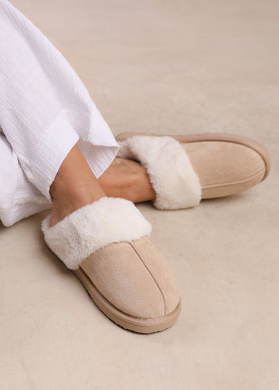 Where's That From Lounge Cream Suede Slippers With Fur Trim