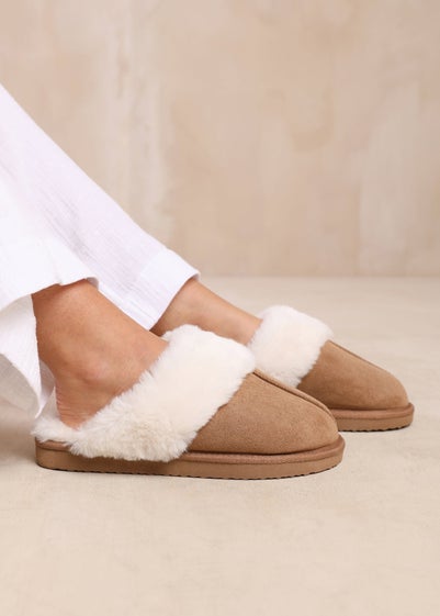 Where's That From Lounge Camel Suede Slippers With Fur Trim