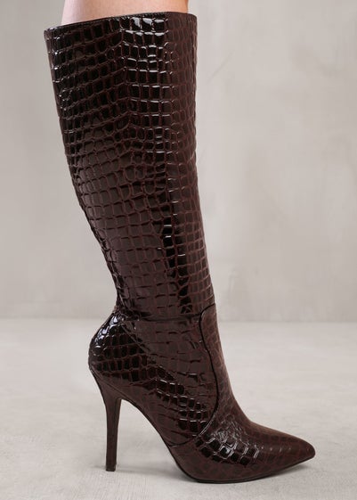 Where's That From  Brown Croco Zoya Wide Calf Heeled Boots