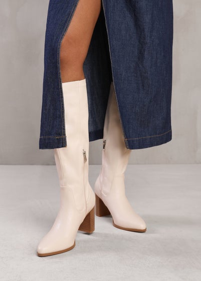 Where's That From Hawthorn Cream Block Heel Knee High Boots