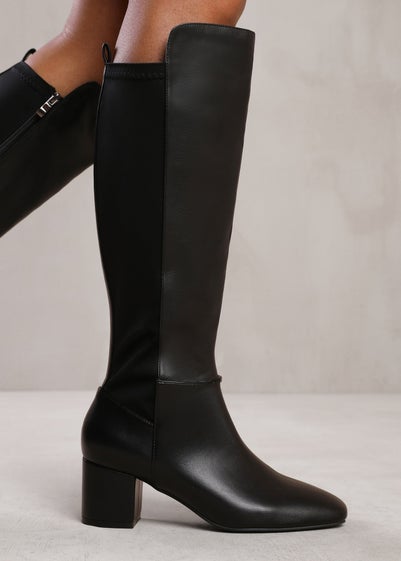 Where's That From Beau Black Pu Block Heel Knee-High Boots